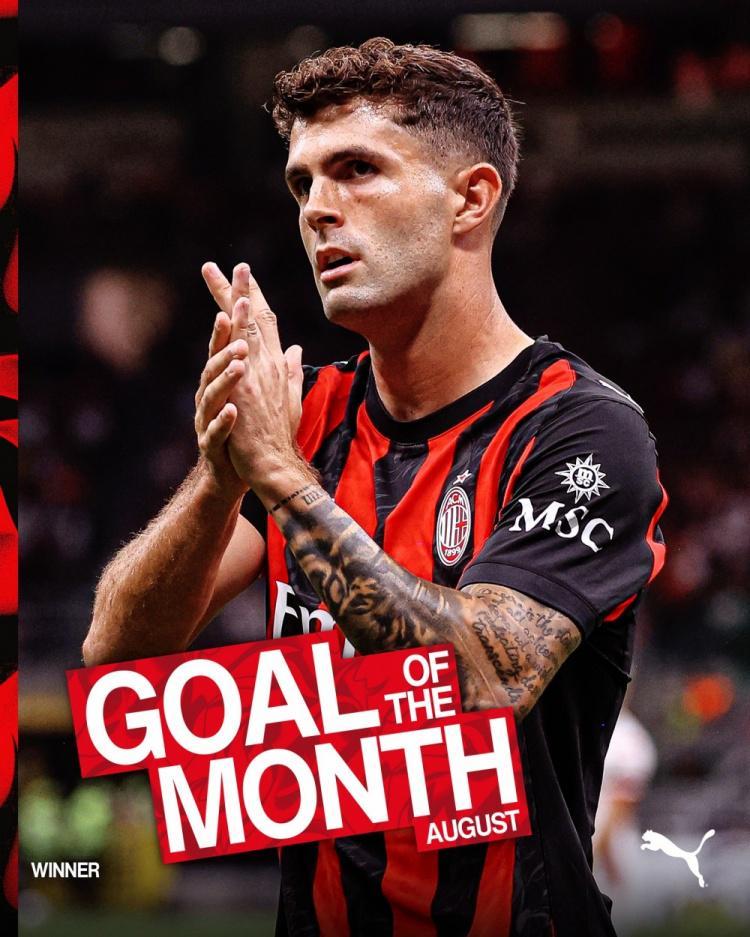 普利西奇对阵巴里转身扫射破门，当选米兰8月最佳进球